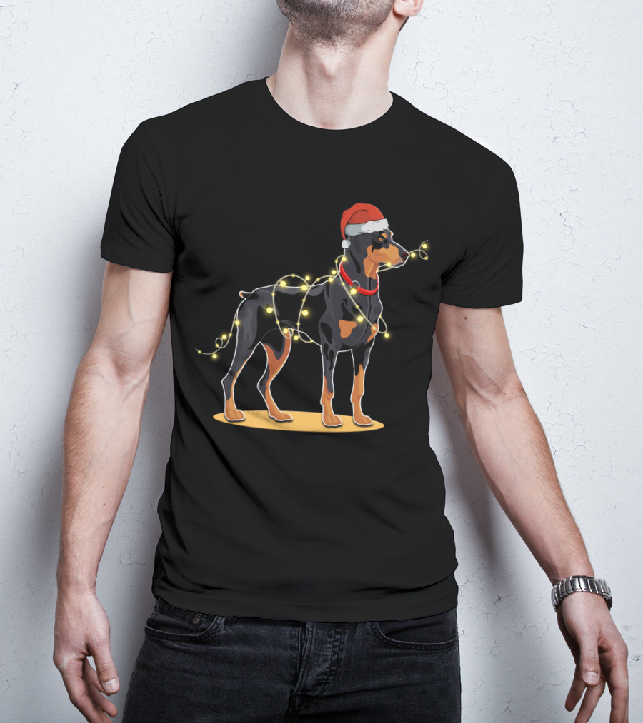 Doberman Wearing Santa Hat With Christmas Lights T-Shirt
