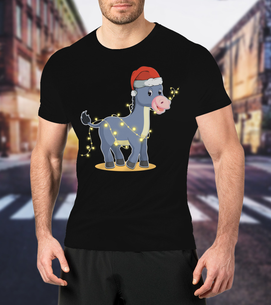 Christmas Lights Donkey With Santa Hat Holiday T-Shirt