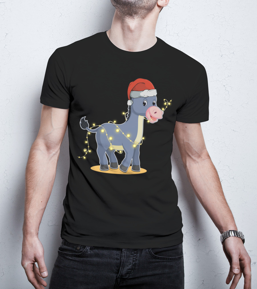 Christmas Lights Donkey With Santa Hat Holiday T-Shirt