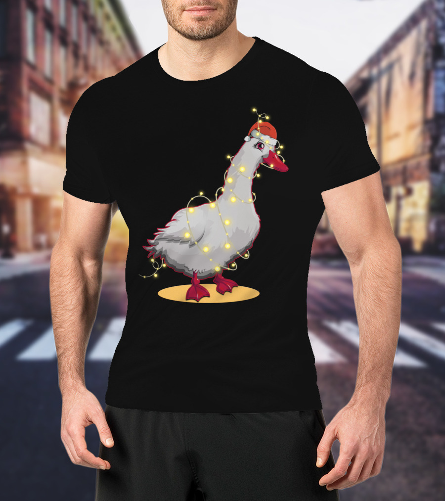 Christmas Lights Duck Wrapped In Festive String With Santa Hat T-Shirt