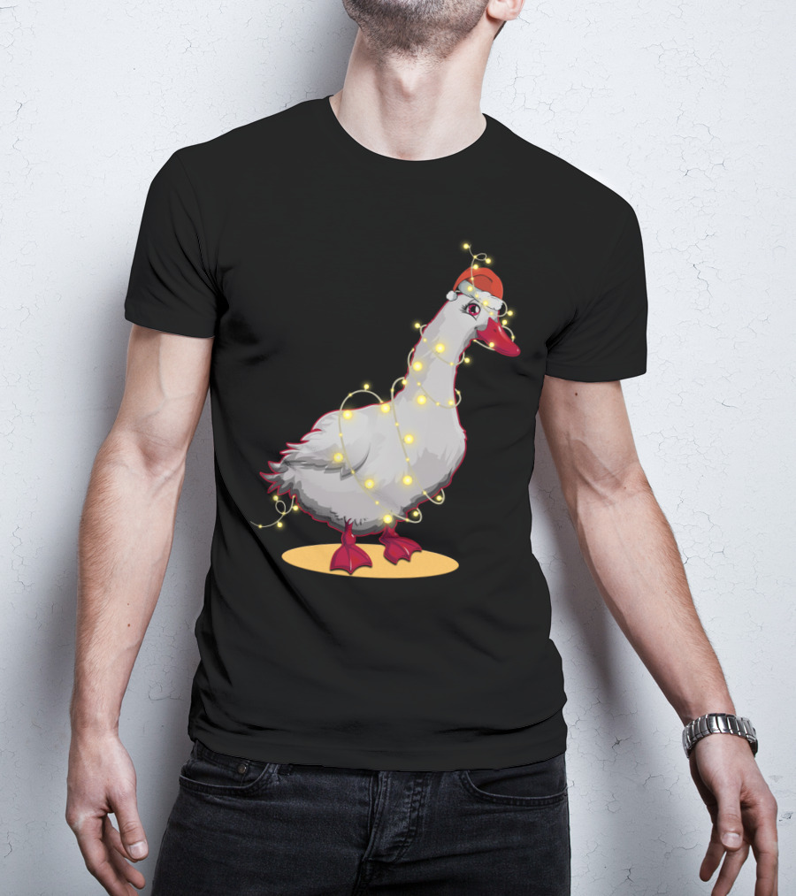 Christmas Lights Duck Wrapped In Festive String With Santa Hat T-Shirt