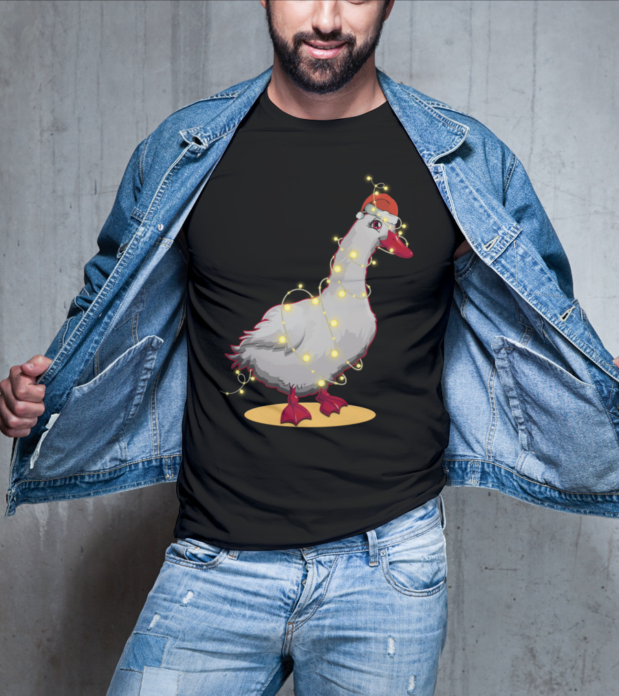 Christmas Lights Duck Wrapped In Festive String With Santa Hat T-Shirt
