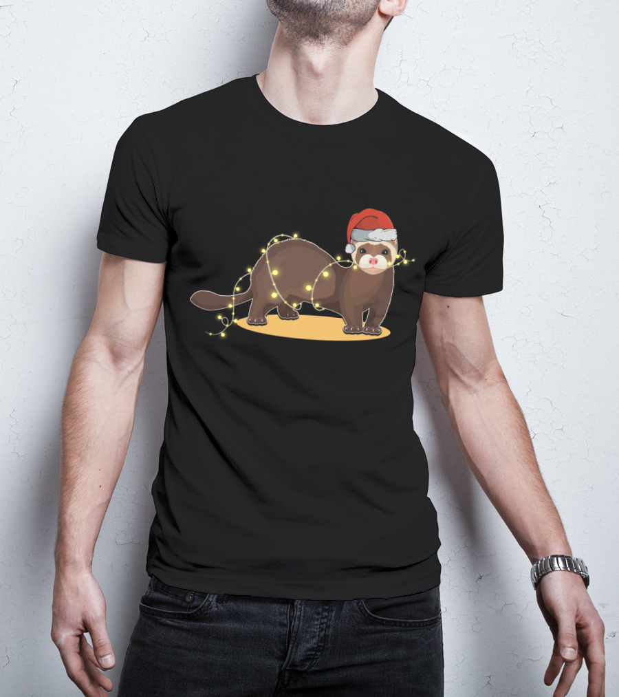 Christmas Lights Wrapped Ferret Wearing Santa Hat T-Shirt