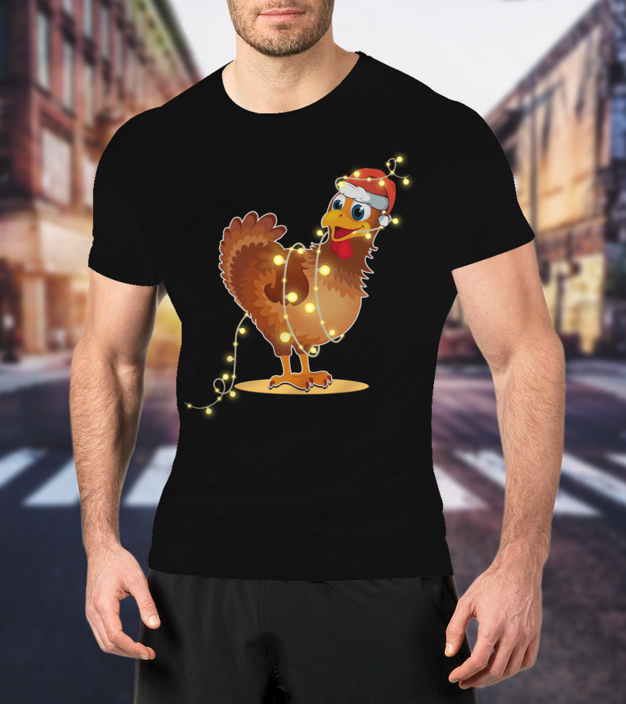 Santa Hat Chicken Wrapped In Christmas String Lights T-Shirt