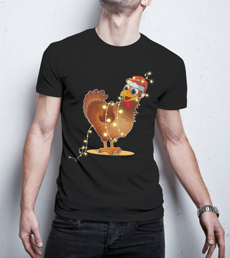 Santa Hat Chicken Wrapped In Christmas String Lights T-Shirt