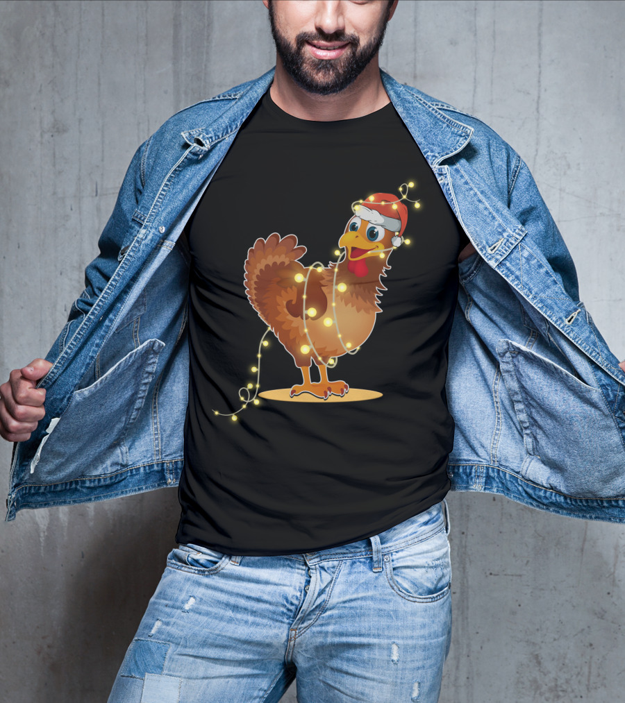 Santa Hat Chicken Wrapped In Christmas String Lights T-Shirt