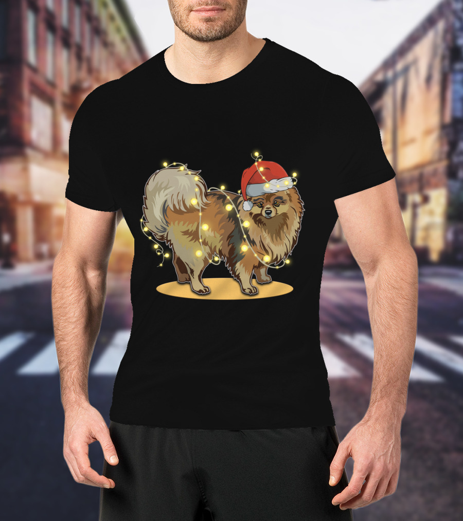 Pomeranian Wrapped In Christmas Lights Wearing Santa Hat T-Shirt