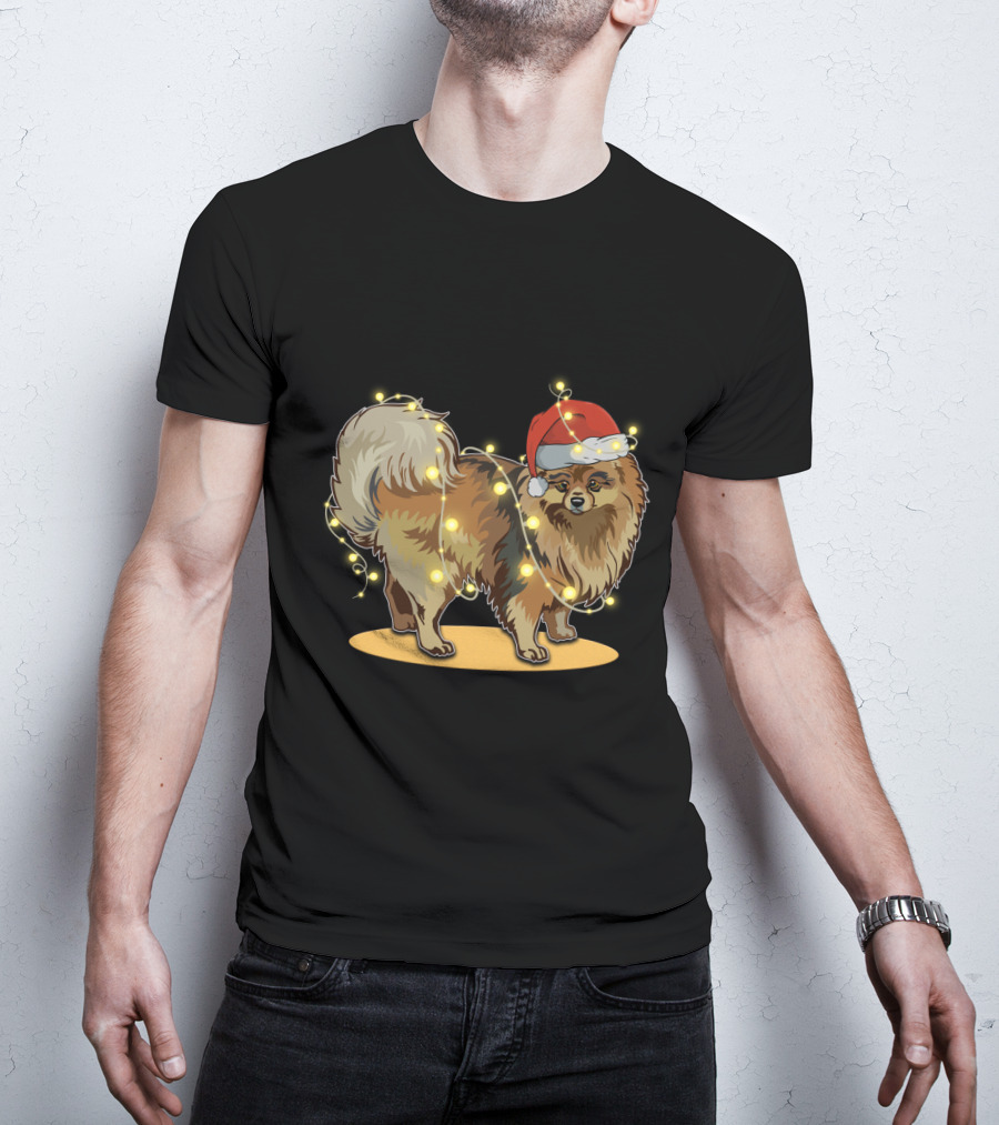 Pomeranian Wrapped In Christmas Lights Wearing Santa Hat T-Shirt