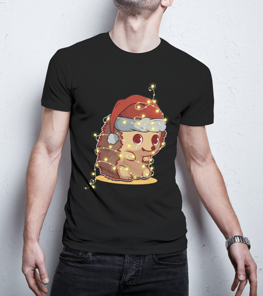 Santa Hat Festive Christmas Lights Hedgehog T-Shirt