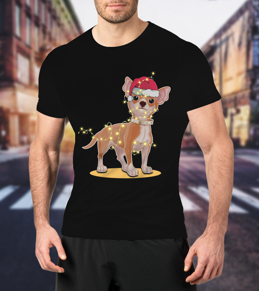 Chihuahua Wrapped In Festive Christmas Lights Wearing Santa Hat T-Shirt
