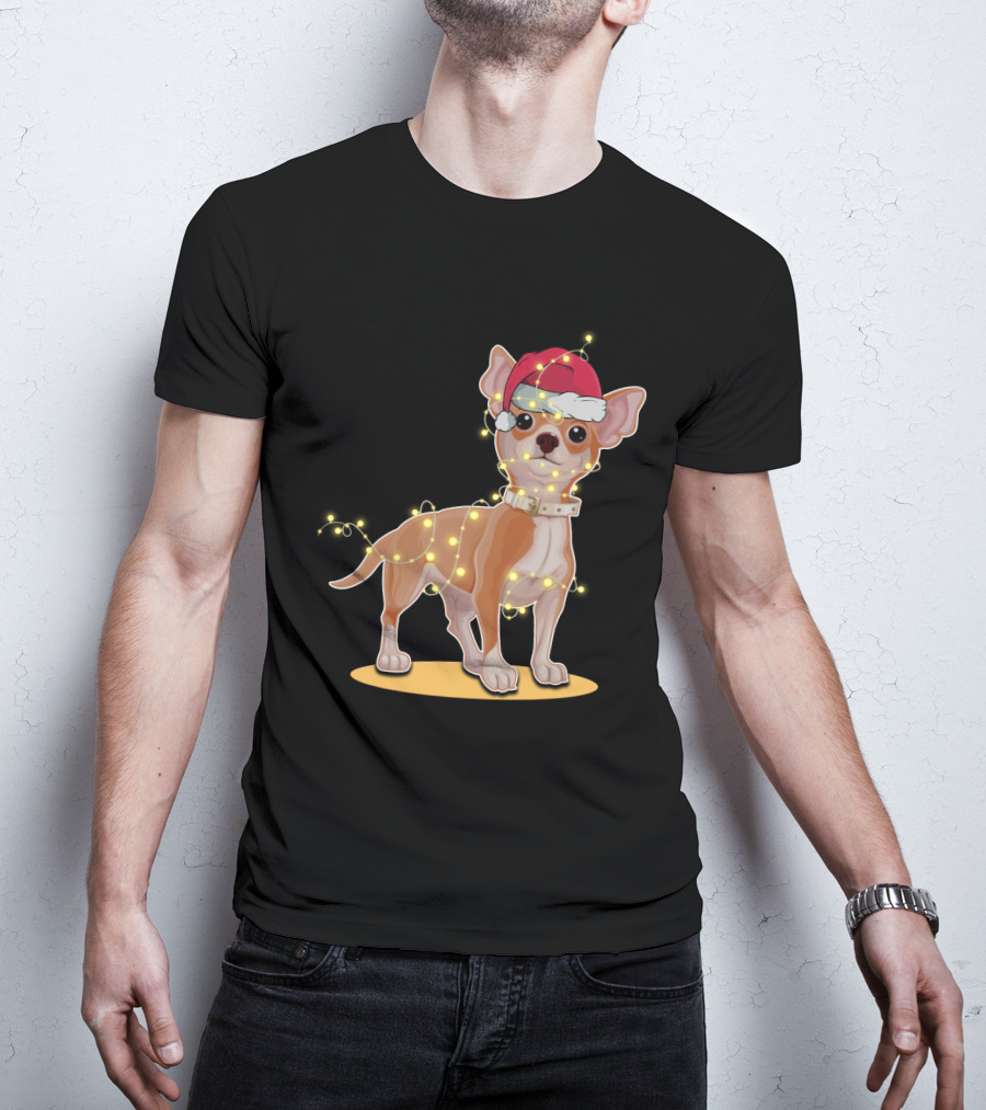 Chihuahua Wrapped In Festive Christmas Lights Wearing Santa Hat T-Shirt