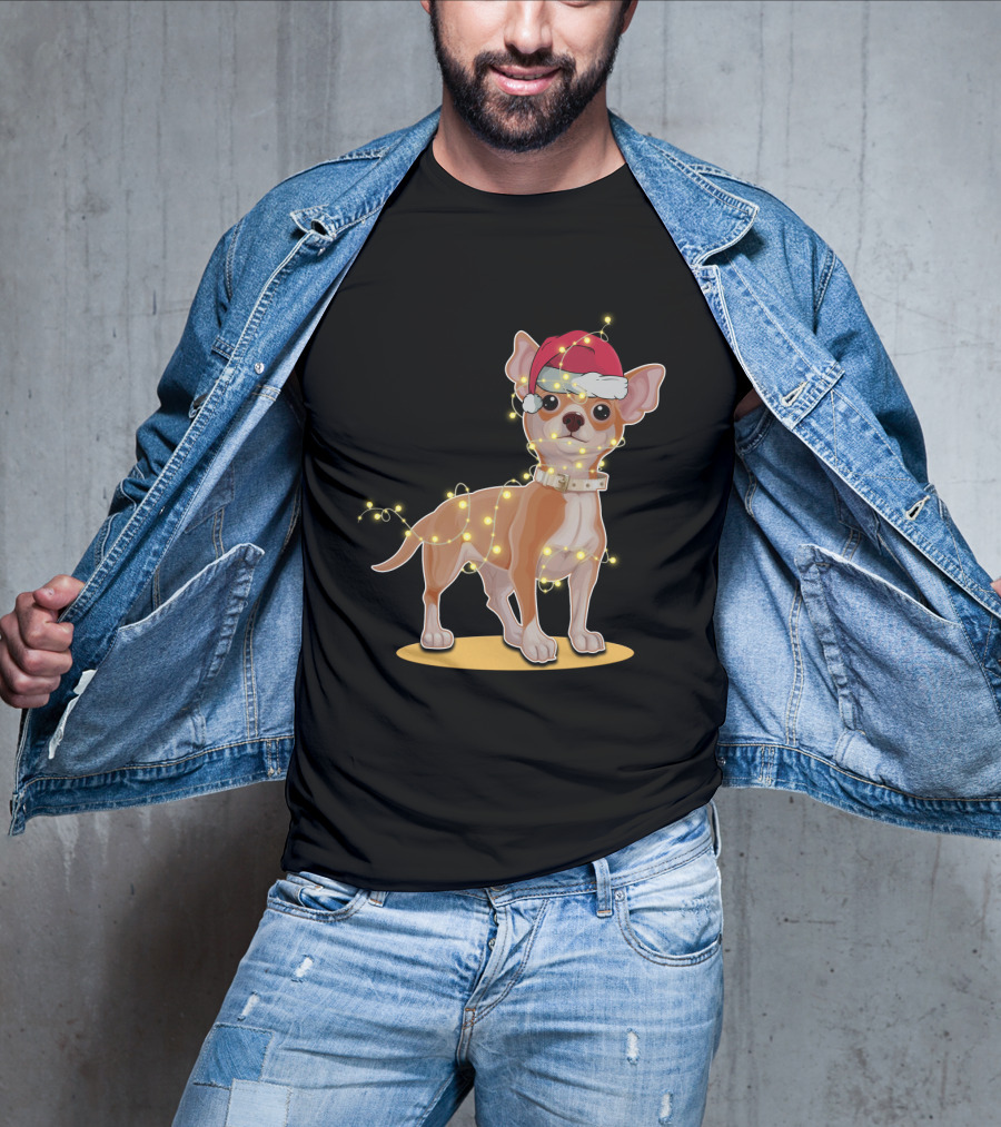 Chihuahua Wrapped In Festive Christmas Lights Wearing Santa Hat T-Shirt