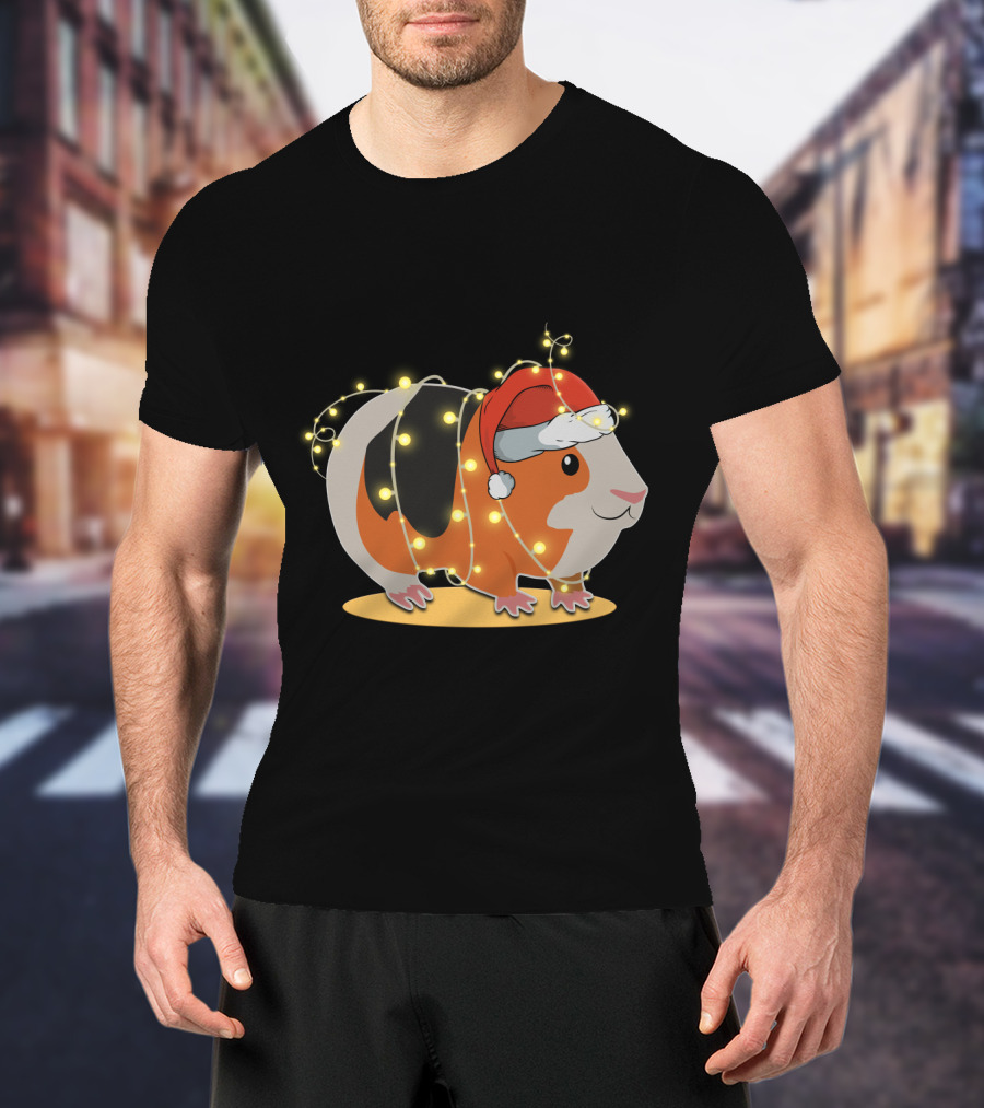 Guinea Pig Wrapped In Festive Christmas Lights And Santa Hat T-Shirt