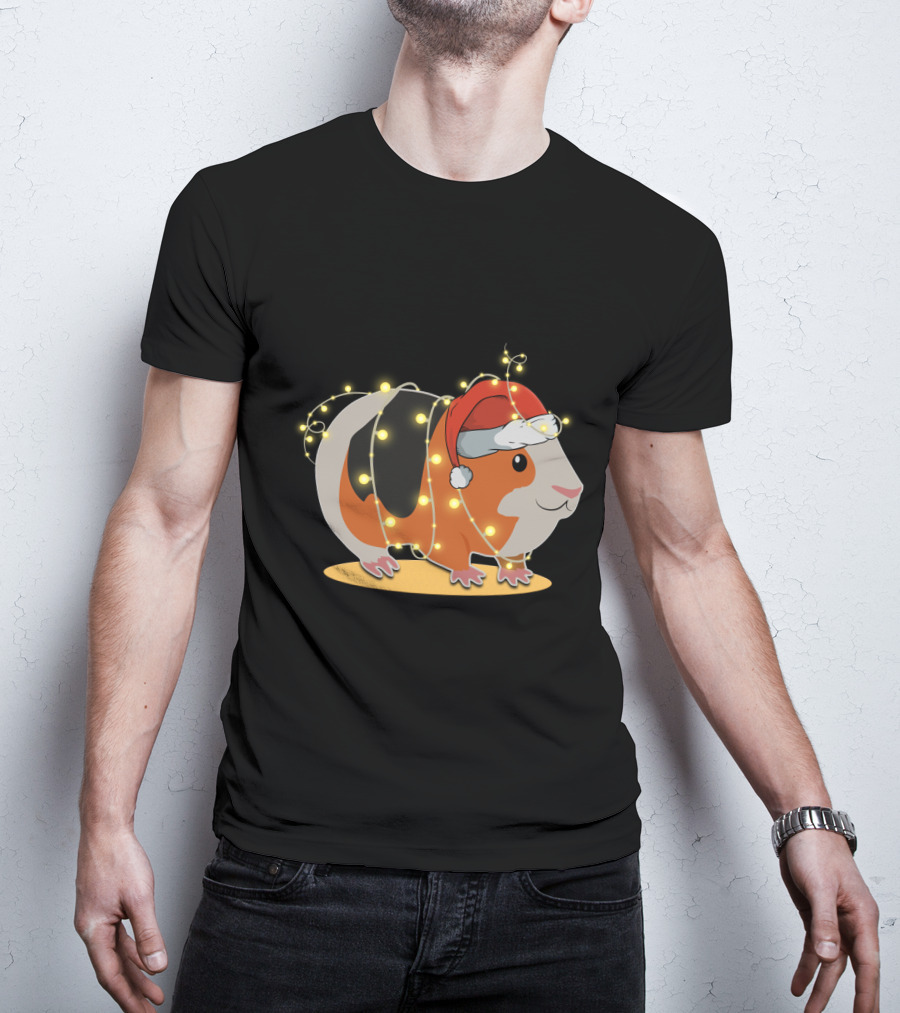 Guinea Pig Wrapped In Festive Christmas Lights And Santa Hat T-Shirt