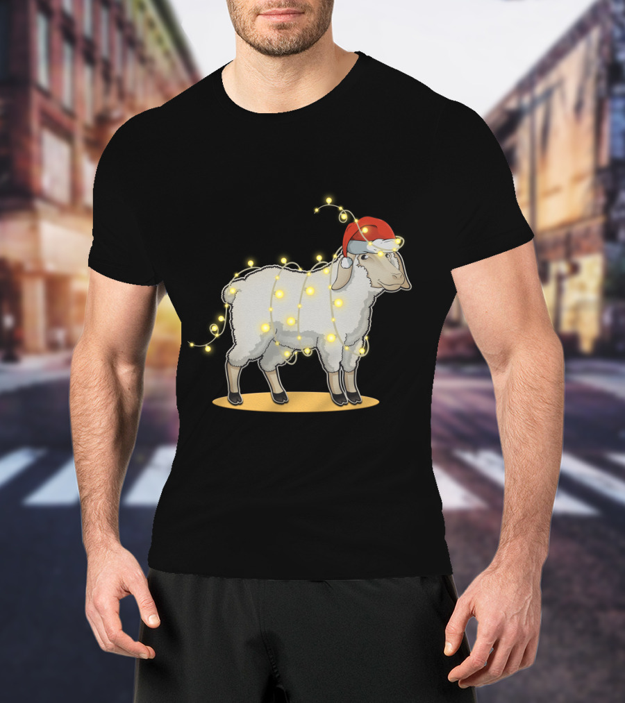 Sheep Wrapped In Christmas Lights With Santa Hat Holiday Decor T-Shirt
