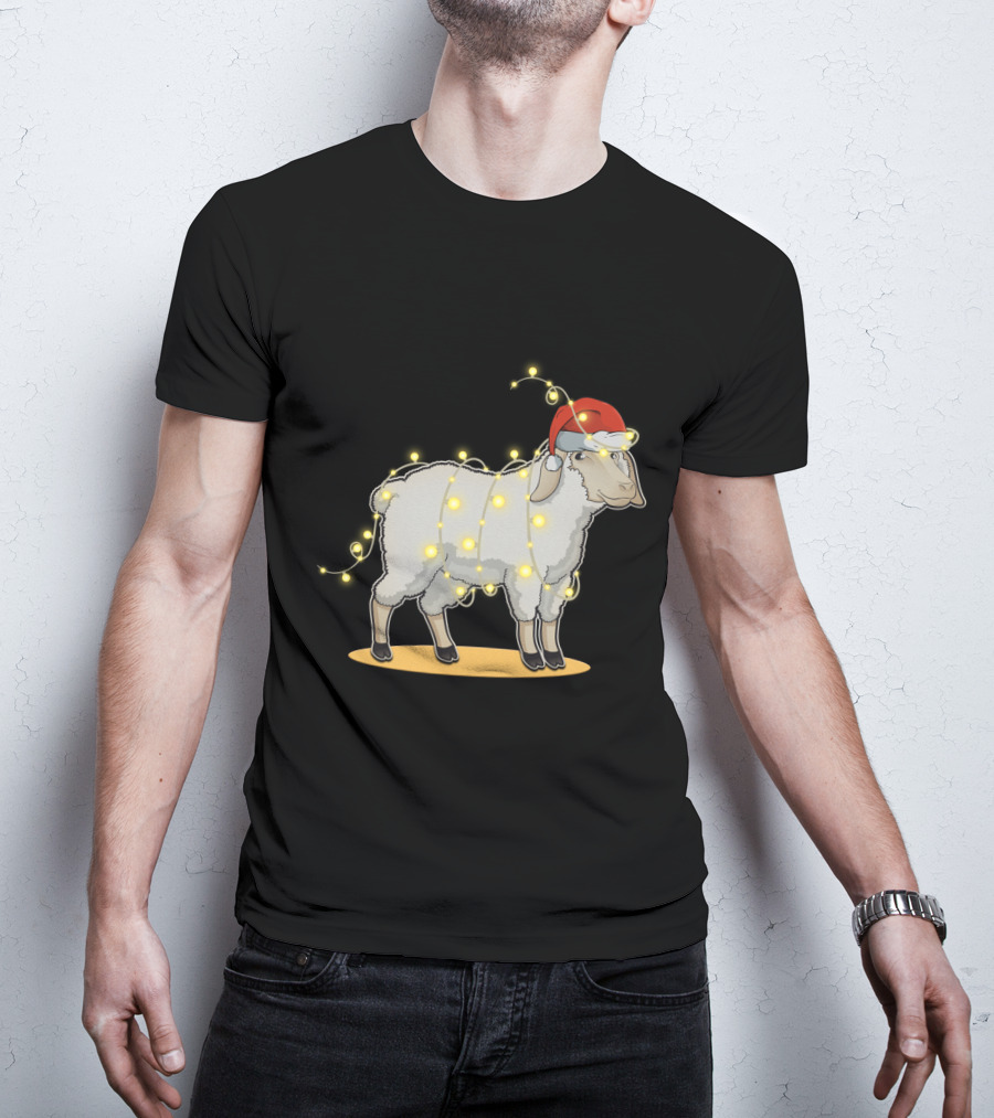 Sheep Wrapped In Christmas Lights With Santa Hat Holiday Decor T-Shirt