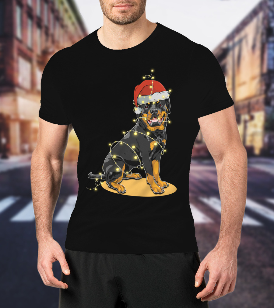 Rottweiler Wrapped In Christmas Lights With Santa Hat T-Shirt