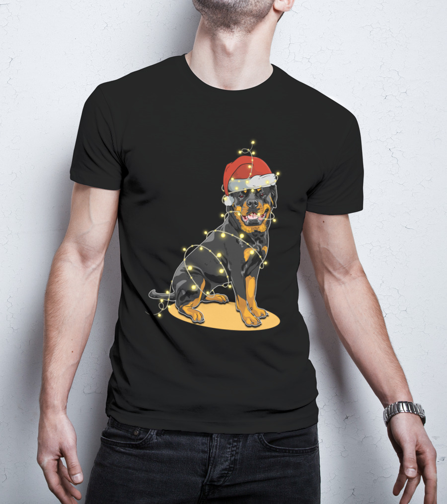 Rottweiler Wrapped In Christmas Lights With Santa Hat T-Shirt
