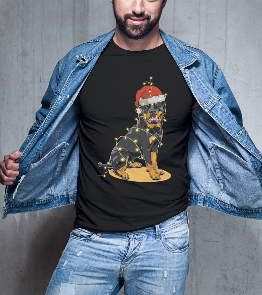 Rottweiler Wrapped In Christmas Lights With Santa Hat T-Shirt