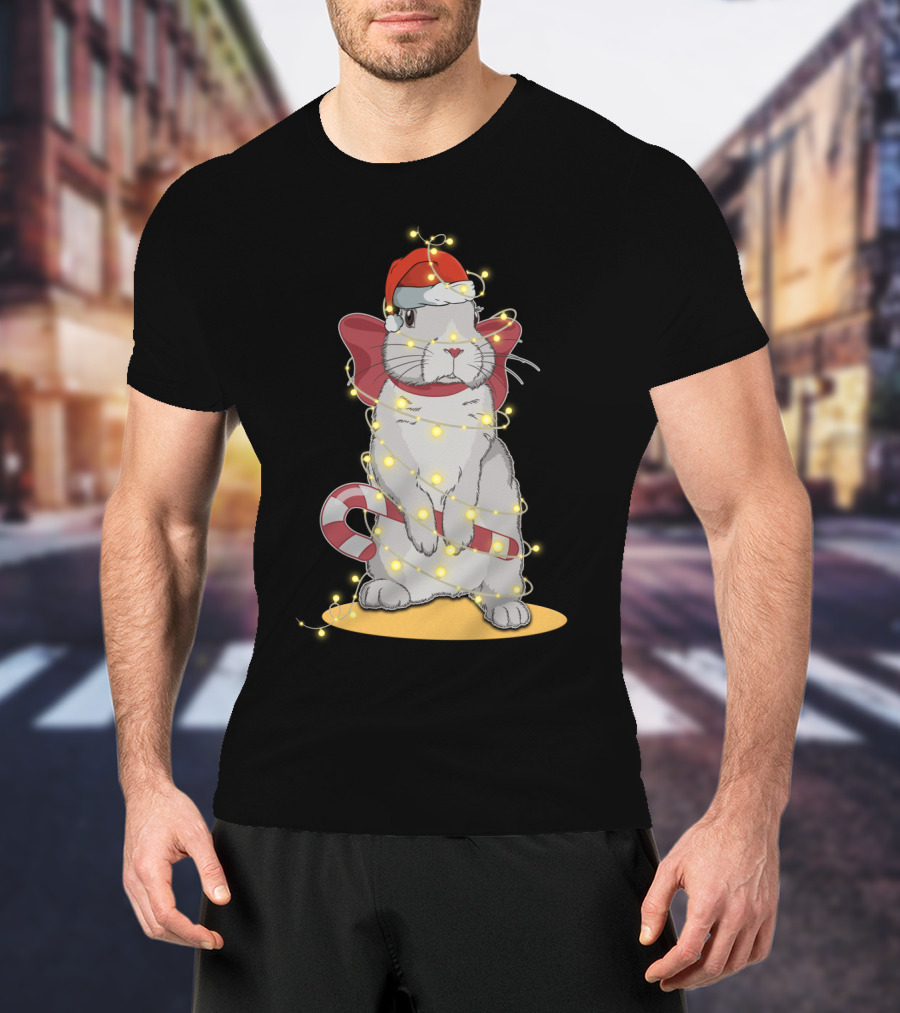 Christmas Lights Rabbit Santa Hat Candy Cane Festive T-Shirt