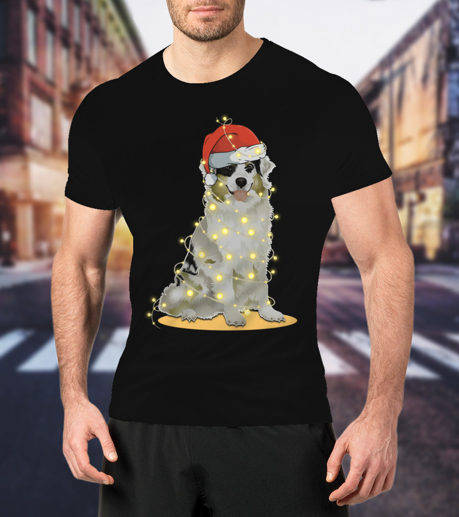 Santa Hat Australian Shepherd Wrapped In Christmas Lights T-Shirt