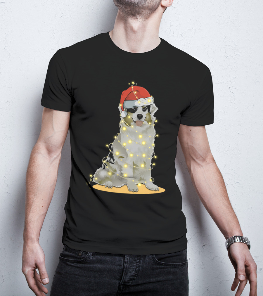 Santa Hat Australian Shepherd Wrapped In Christmas Lights T-Shirt
