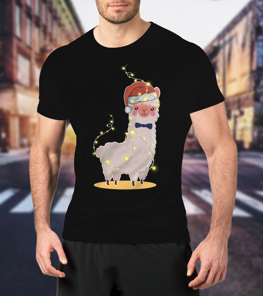 Alpaca Wrapped In Christmas Lights Wearing Santa Hat And Bow Tie T-Shirt