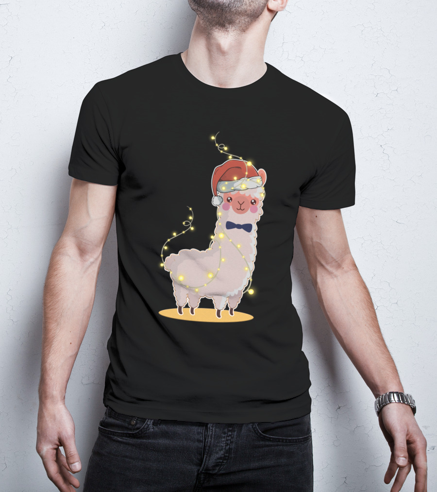 Alpaca Wrapped In Christmas Lights Wearing Santa Hat And Bow Tie T-Shirt