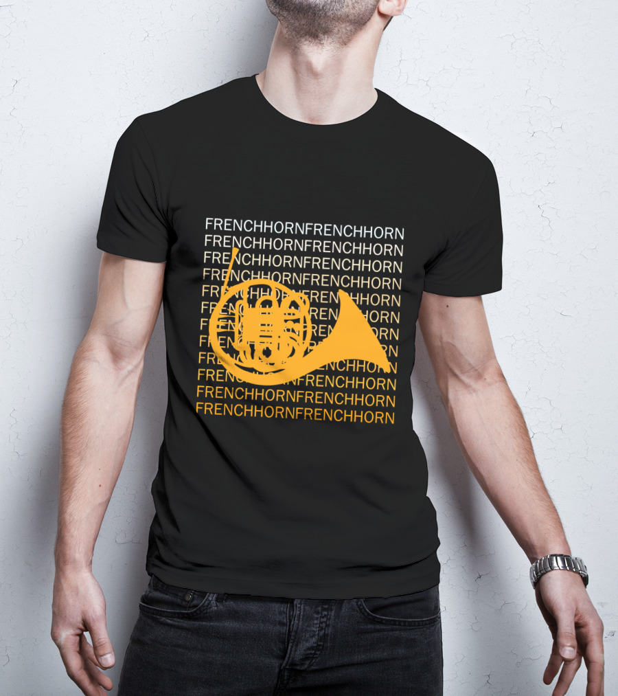 Repeating French Horn Text With Yellow Instrument T-Shirt