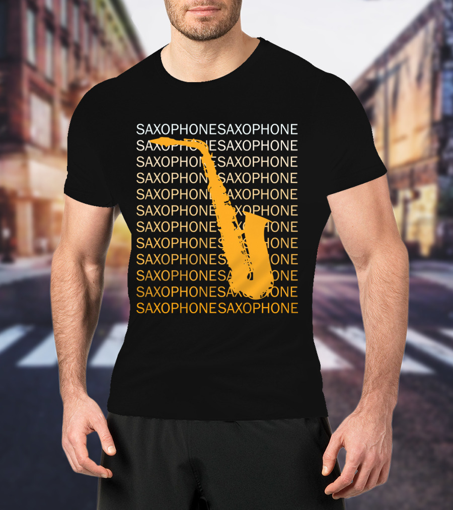 Saxophone Repeated Pattern With Bold Orange Saxophone Highlight T-Shirt