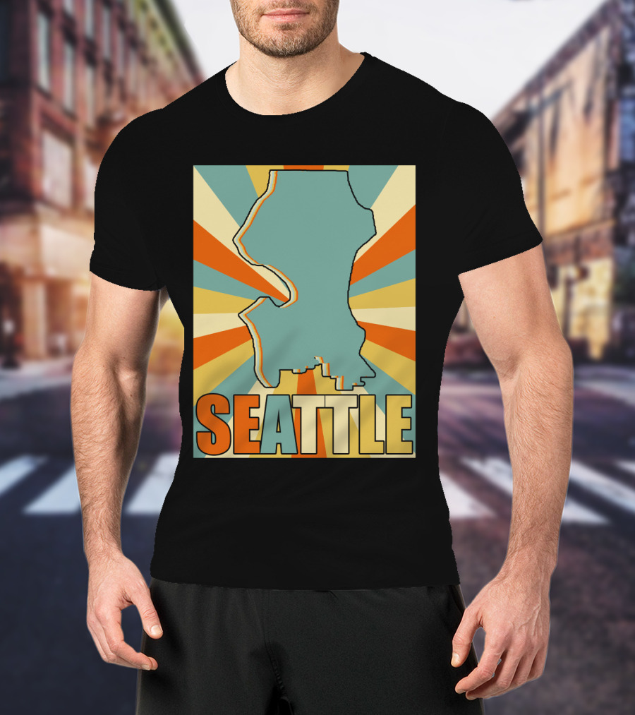 SEATTLE Map Retro Style Burst Background T-Shirt