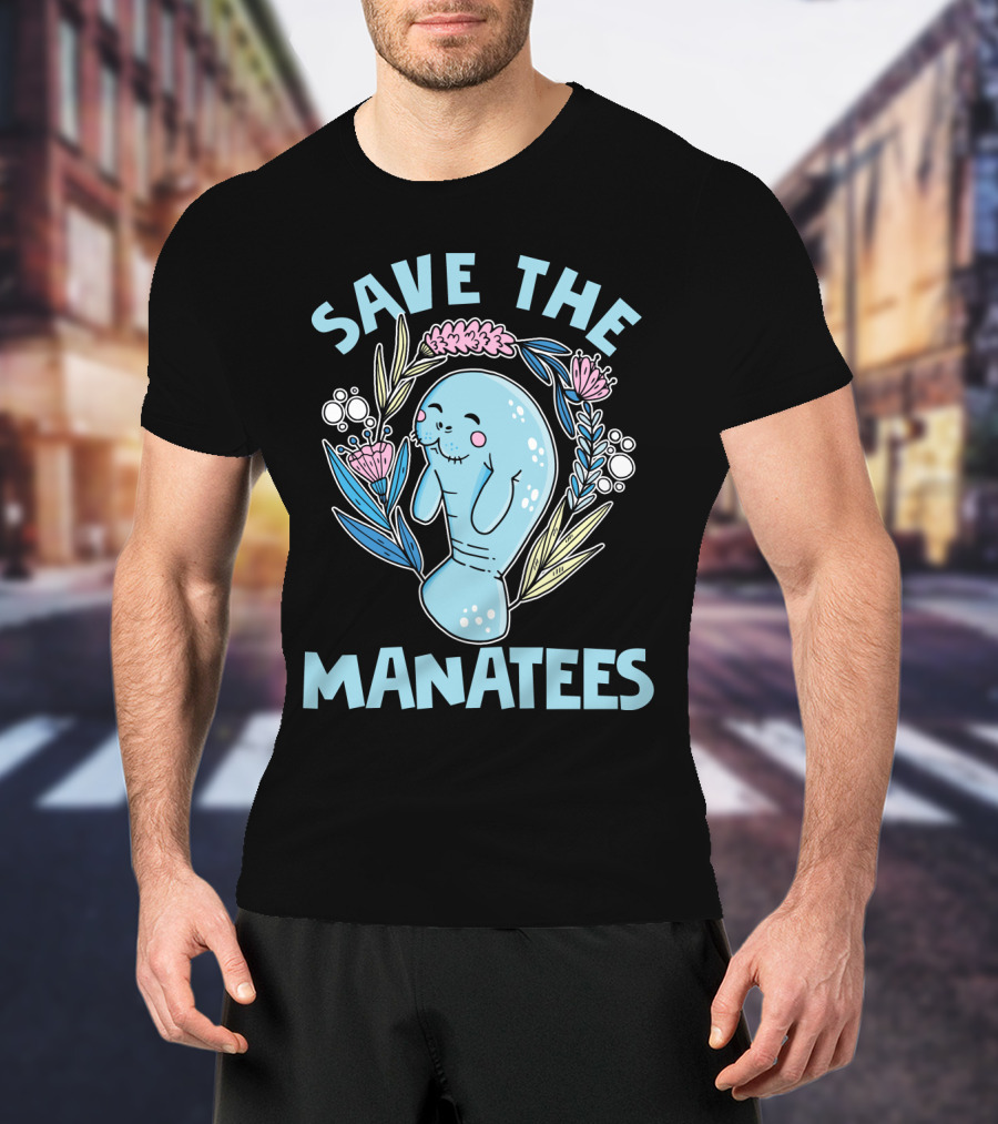 SAVE THE MANATEES Save The Manatees Manatee Surrounded By Flowers And Bubbles T-Shirt