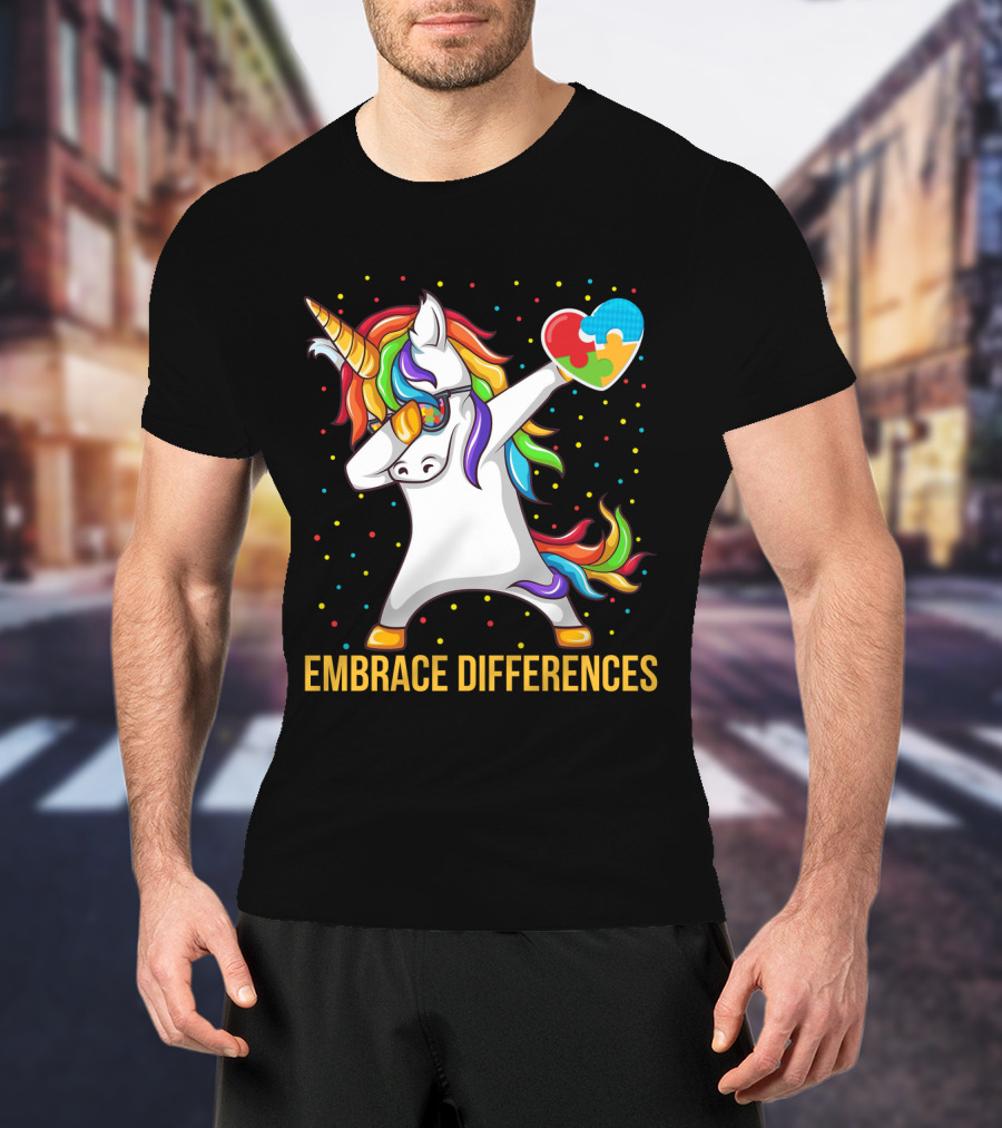 Embrace Differences Autism Awareness Dabbing Unicorn Heart Puzzle Piece T-Shirt