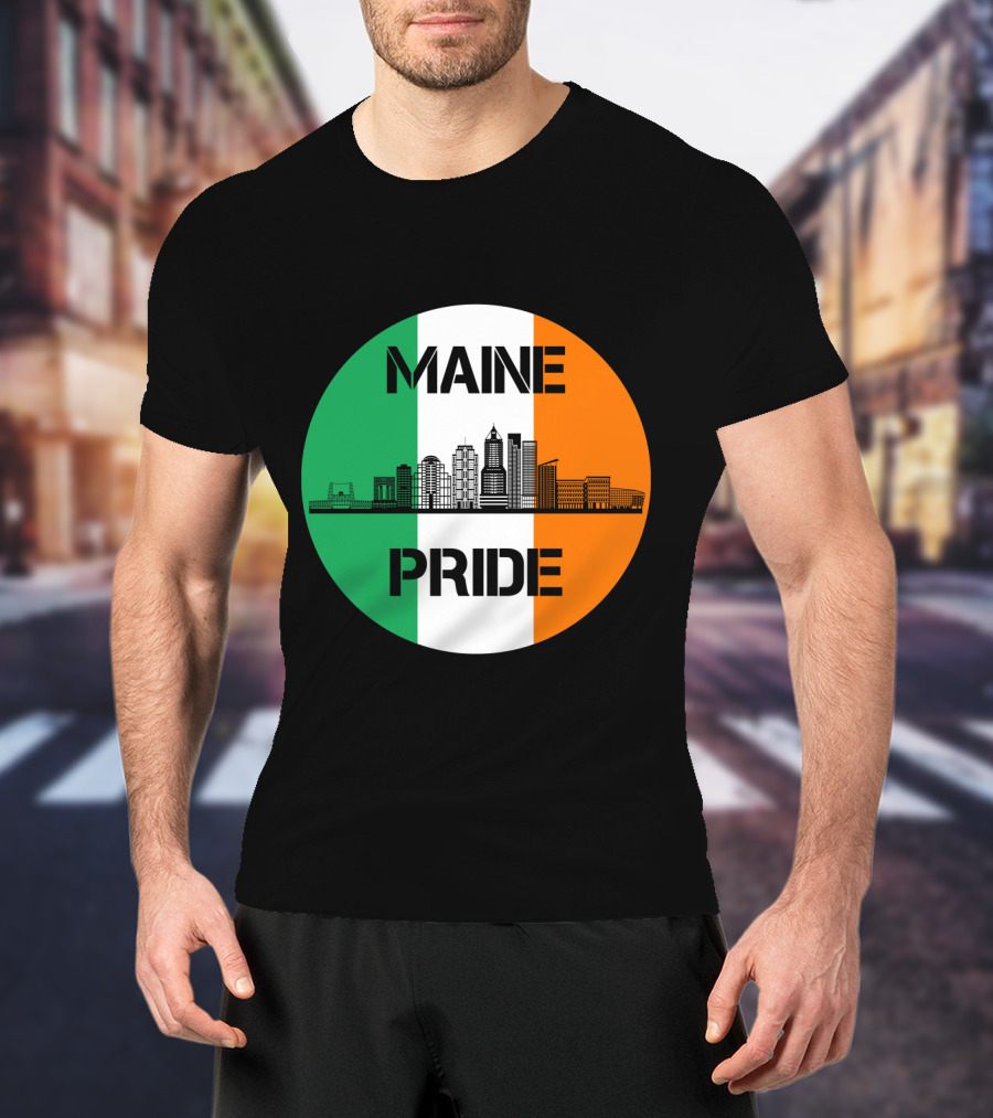 Maine Pride City Skyline With Irish Flag Colors Maine T-Shirt