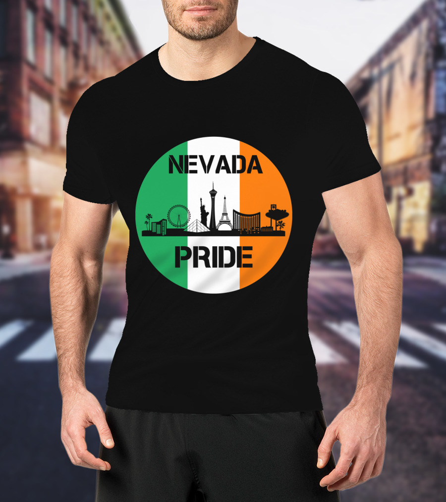 Nevada Pride Skyline With Irish Flag Colors And Iconic Landmarks T-Shirt