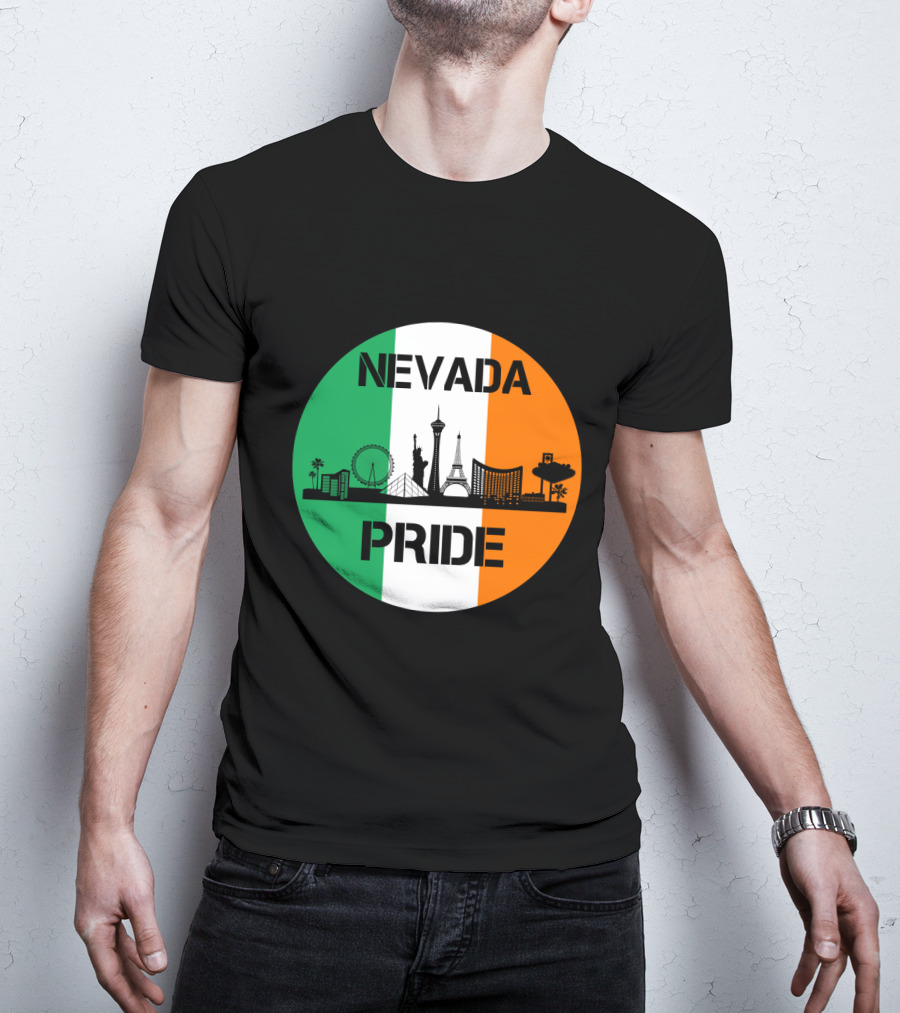 Nevada Pride Skyline With Irish Flag Colors And Iconic Landmarks T-Shirt