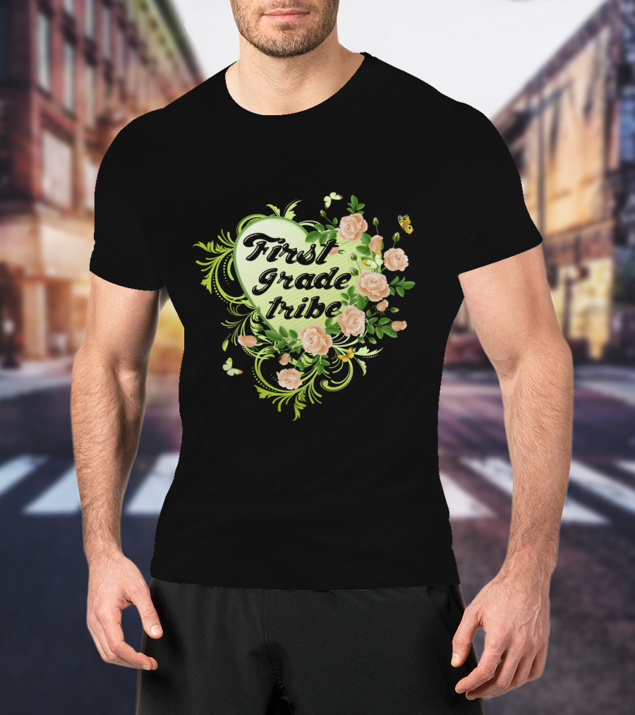 First Grade Tribe Floral Heart Butterfly Womens Teacher T-Shirt