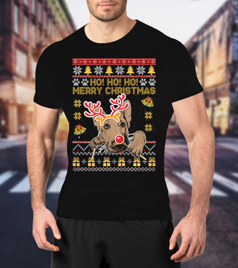 HO HO HO Merry Christmas German Shepherd Reindeer Antlers Ugly Sweater Style Holiday Bells Presents Snowflakes T-Shirt