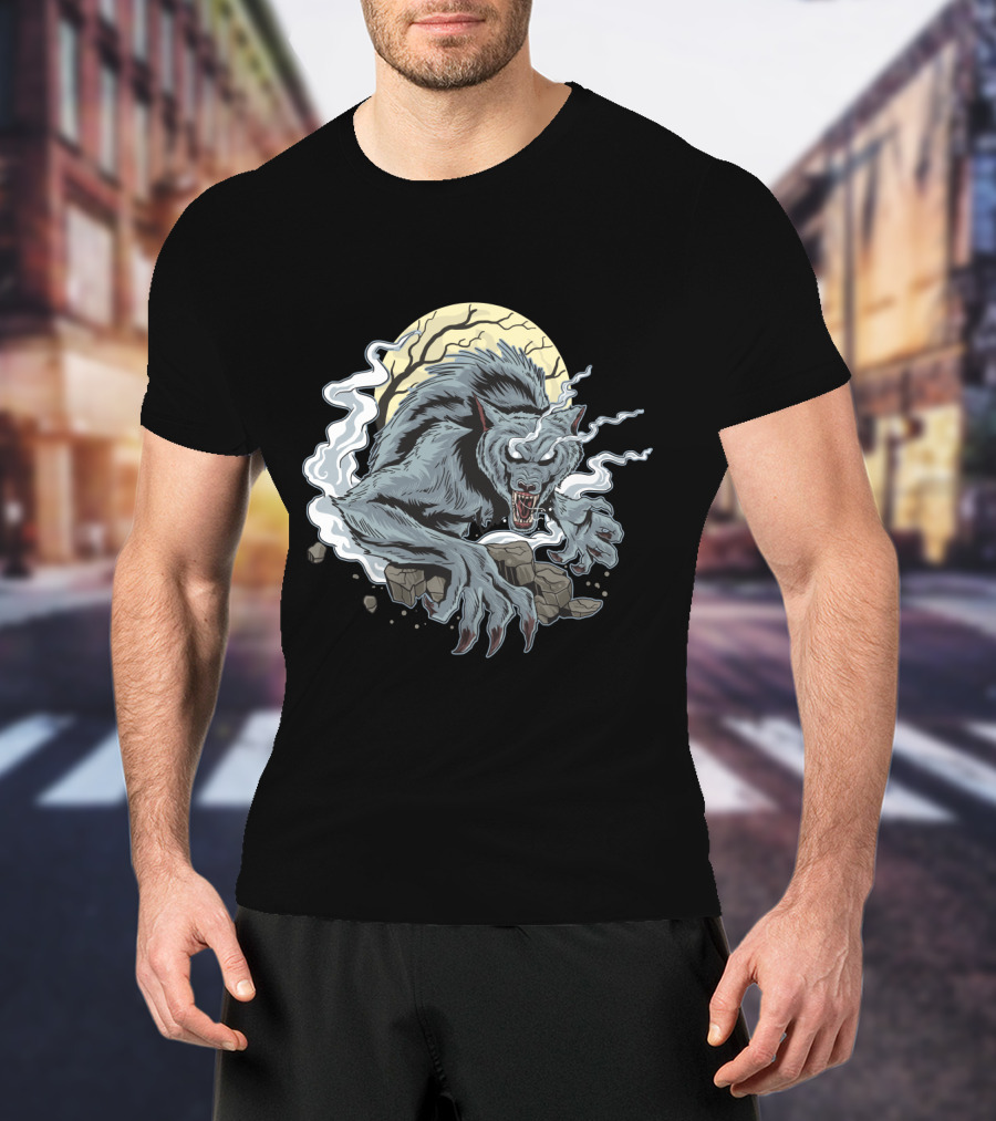 Spooky Horror Wolf Full Moon Creature With Claws And Smoke T-Shirt