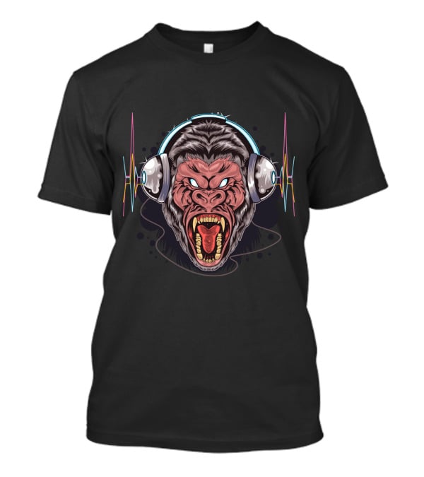 Funny Gorilla Headphones Wild Roar With Sound Waves T-Shirt