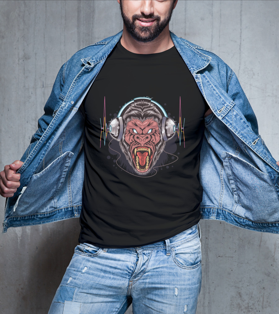 Funny Gorilla Headphones Wild Roar With Sound Waves T-Shirt