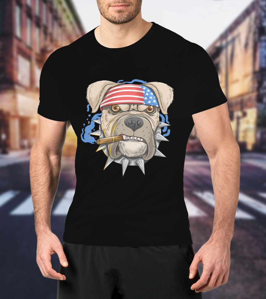 Pit Bull Dog American Punk Head Spiked Collar Patriotic Bandana Cigar T-Shirt