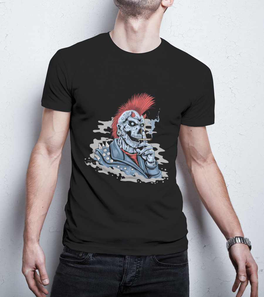 Skull Punk Mohawk With Spiked Leather And Smoking Cigarette T-Shirt