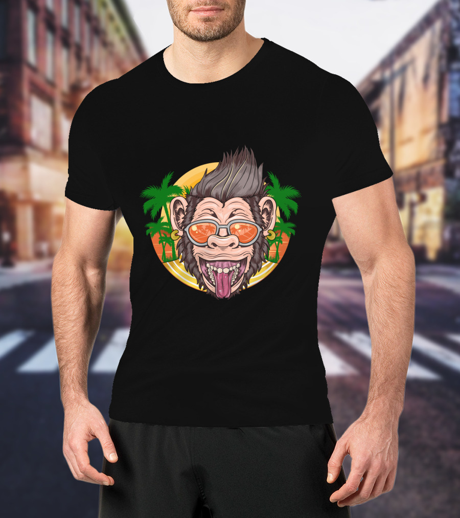 Funny Chimpanzee Sunglasses Tropical Sunset T-Shirt