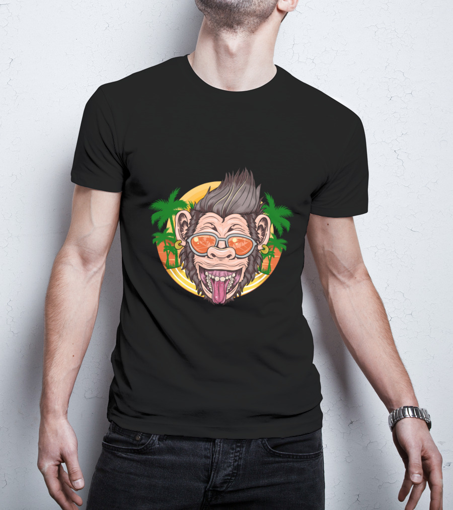 Funny Chimpanzee Sunglasses Tropical Sunset T-Shirt