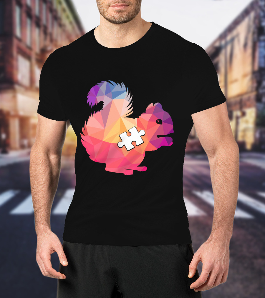 Squirrel Autism Awareness Puzzle Piece Geometric Multicolor T-Shirt