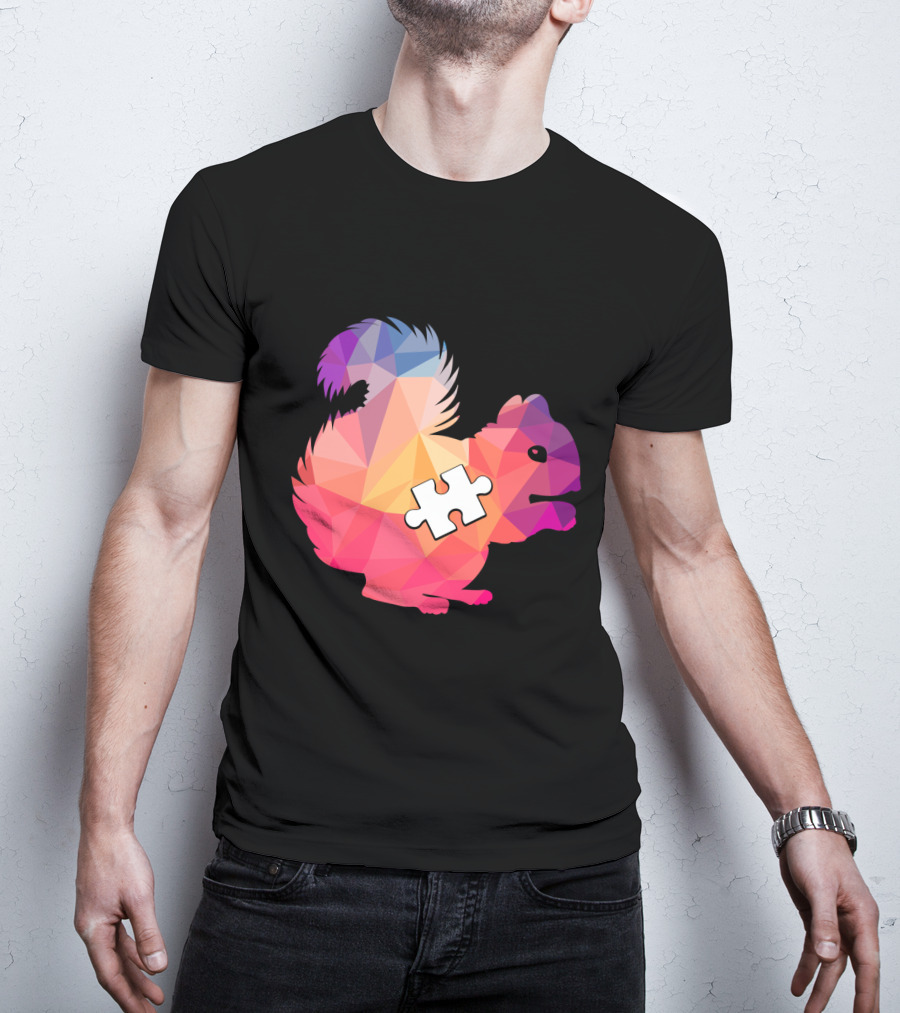 Squirrel Autism Awareness Puzzle Piece Geometric Multicolor T-Shirt
