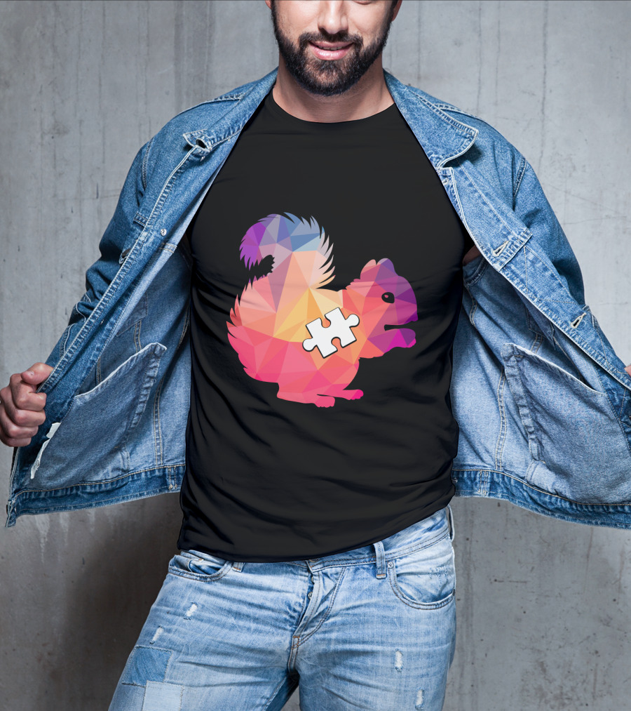 Squirrel Autism Awareness Puzzle Piece Geometric Multicolor T-Shirt