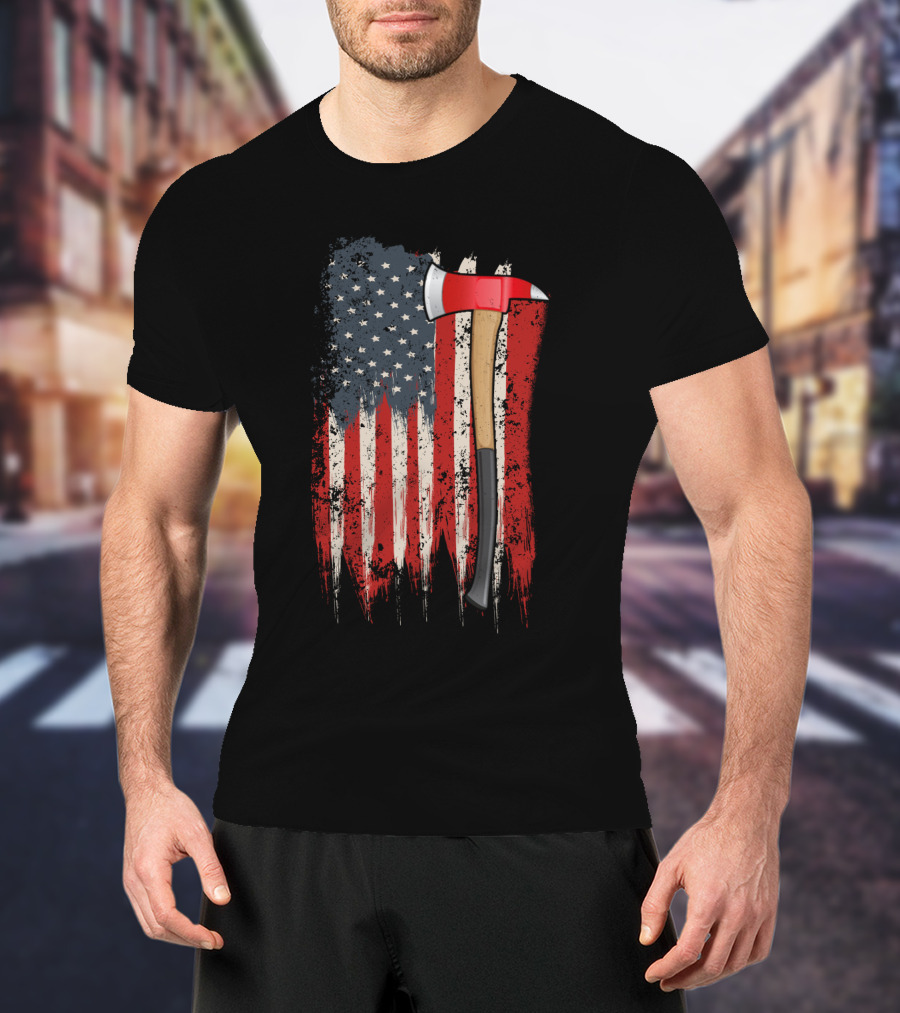 American Flag Themed Firefighter Axe Symbolizing Patriotism T-Shirt