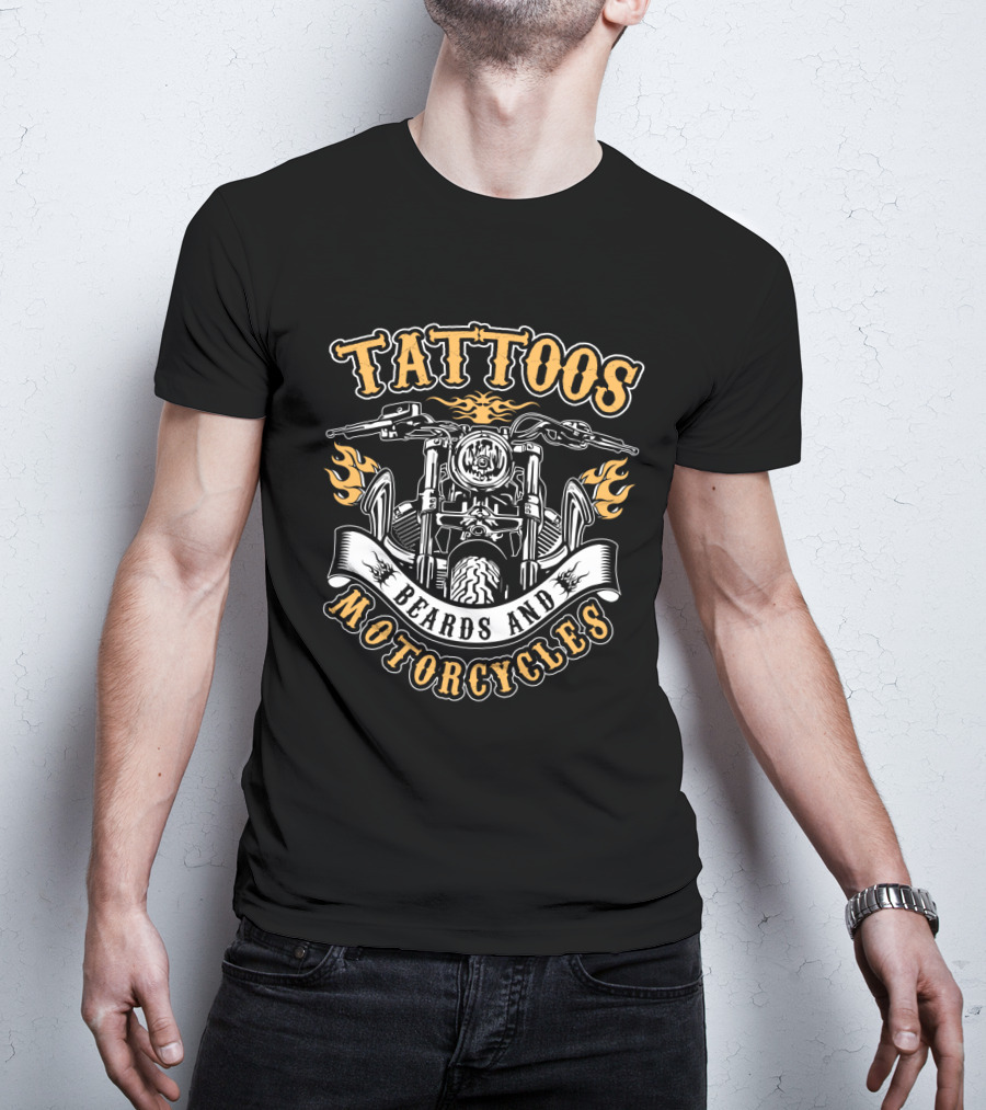 Tattoos Beards And Motorcycles Tattooed Bearded Biker Flames Banners T-Shirt
